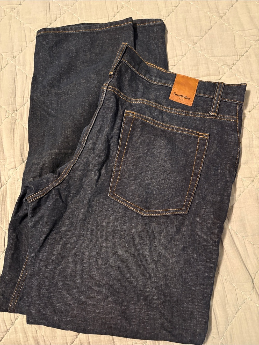 Goodfellow & Co Men’s Dark Blue Straight Jeans with Tan Leather Patch